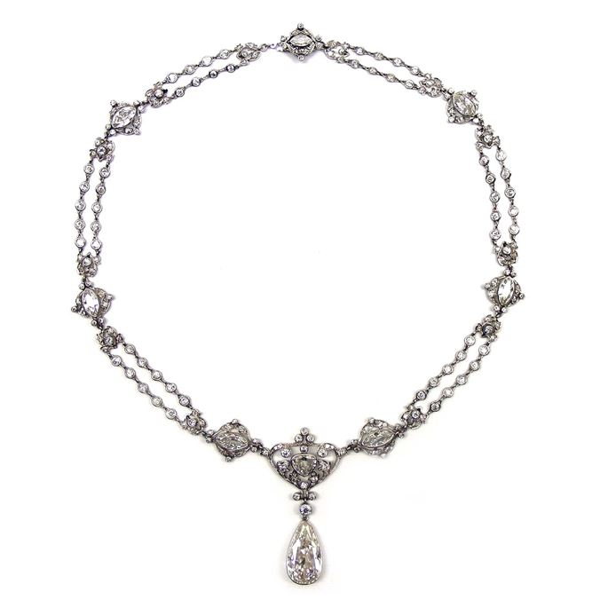 Art Nouveau pear shaped diamond set necklace, American c.1900, hung with a 7.15ct H IF Type IIa pear shaped diamond drop to the front | MasterArt